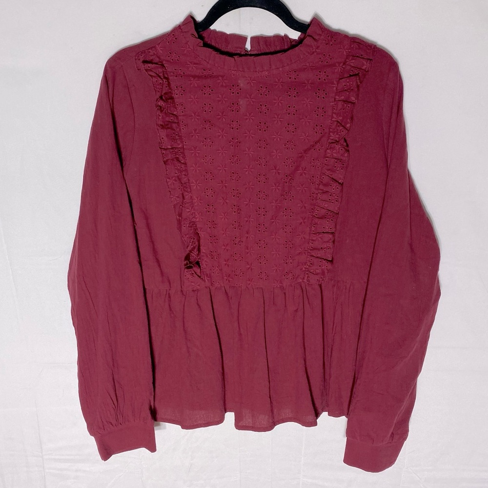 5/$25 Shein Burgundy High Collar Eyelet Ruffle Peplum Blouse L - Picture 15 of 15